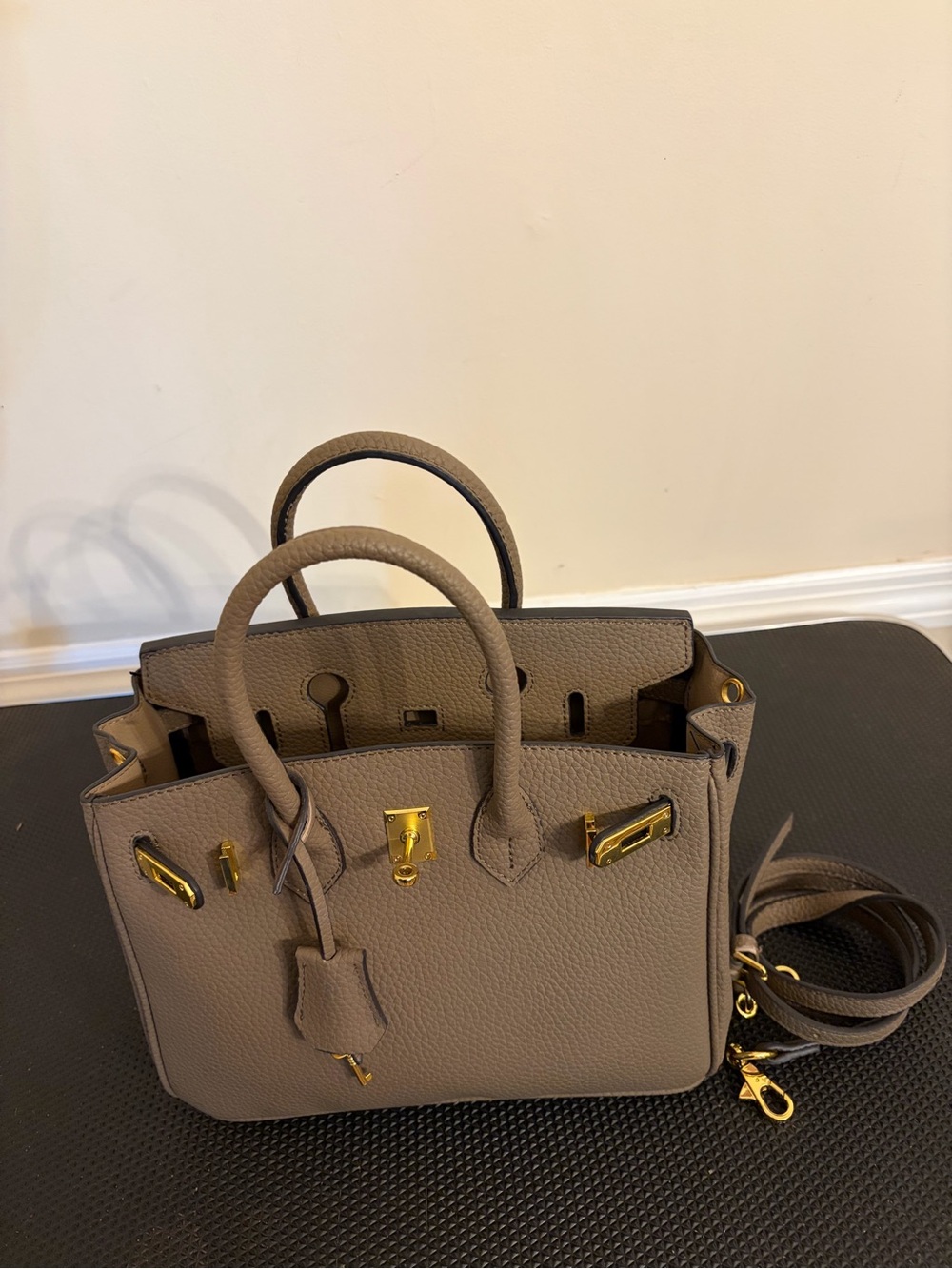 Taupe( a grey beige)  Vegan Leather Top-Handle Satchel with Gold Hardware